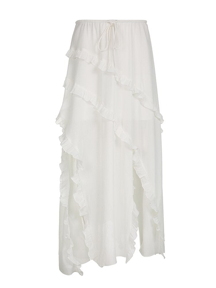 best Weekeep Elegant Ruffles White Skirt With Slit Y2k Fairycore Tie Up Low Rise Loose Long Skirts for Women Fashion 2023 Vintage 90s 0 shop online at M2K Trends for