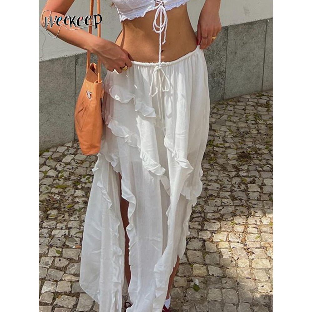 best Weekeep Elegant Ruffles White Skirt With Slit Y2k Fairycore Tie Up Low Rise Loose Long Skirts for Women Fashion 2023 Vintage 90s 0 shop online at M2K Trends for