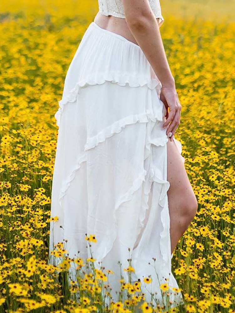 best Weekeep Elegant Ruffles White Skirt With Slit Y2k Fairycore Tie Up Low Rise Loose Long Skirts for Women Fashion 2023 Vintage 90s 0 shop online at M2K Trends for