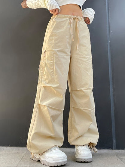 best Weekeep Light Khaki Cargo Pants Streetwear 100% Cotton Big Pocket Patchwork Casual Pants Drawstring Low Waist Baggy Trouser Lady 0 shop online at M2K Trends for