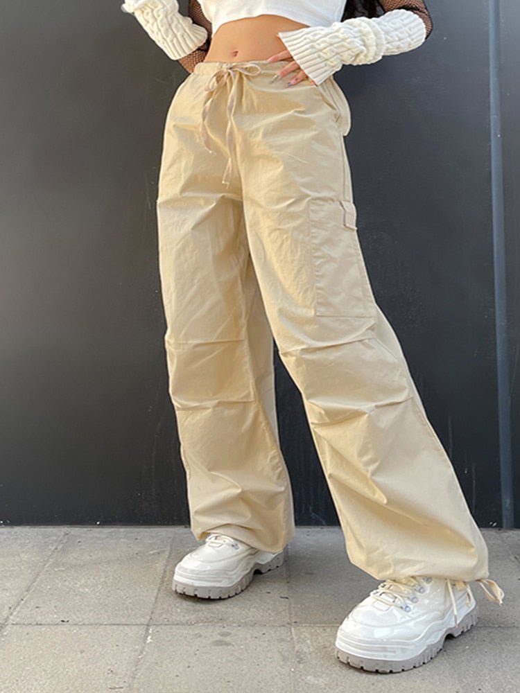 best Weekeep Light Khaki Cargo Pants Streetwear 100% Cotton Big Pocket Patchwork Casual Pants Drawstring Low Waist Baggy Trouser Lady 0 shop online at M2K Trends for