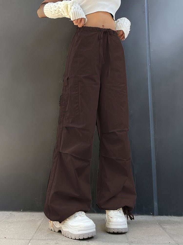 best Weekeep Light Khaki Cargo Pants Streetwear 100% Cotton Big Pocket Patchwork Casual Pants Drawstring Low Waist Baggy Trouser Lady 0 shop online at M2K Trends for