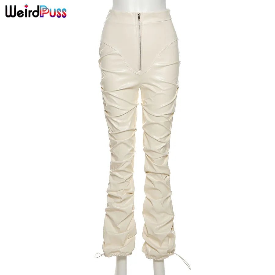 best Weird Puss Faux Leather Pants Cyber Y2K Vintage Stacked Zipper Side Slit Drawstring Pencil Pants Trend Streetwear Slim Outfits shop online at M2K Trends for