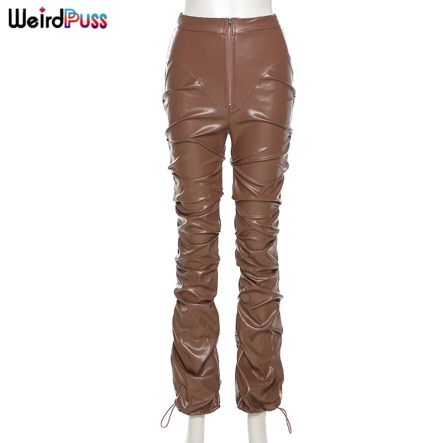 best Weird Puss Faux Leather Pants Cyber Y2K Vintage Stacked Zipper Side Slit Drawstring Pencil Pants Trend Streetwear Slim Outfits shop online at M2K Trends for