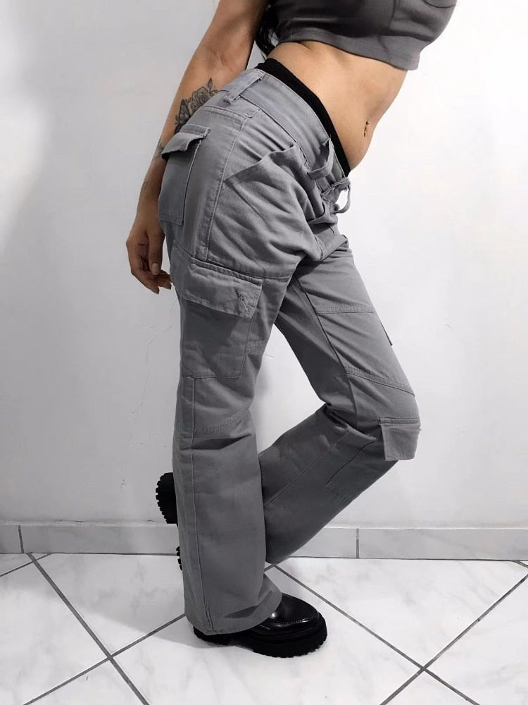 best WeiYao Gray Casual Stitched Pocket Cargo Pants Women Low Waist Vintage Streetwear Jeans Korean Fashion Straight Denim Trousers 0 shop online at M2K Trends for
