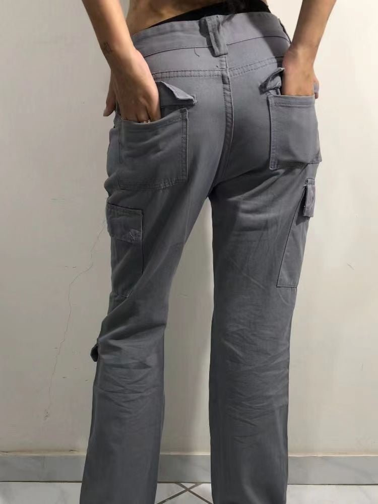 best WeiYao Gray Casual Stitched Pocket Cargo Pants Women Low Waist Vintage Streetwear Jeans Korean Fashion Straight Denim Trousers 0 shop online at M2K Trends for