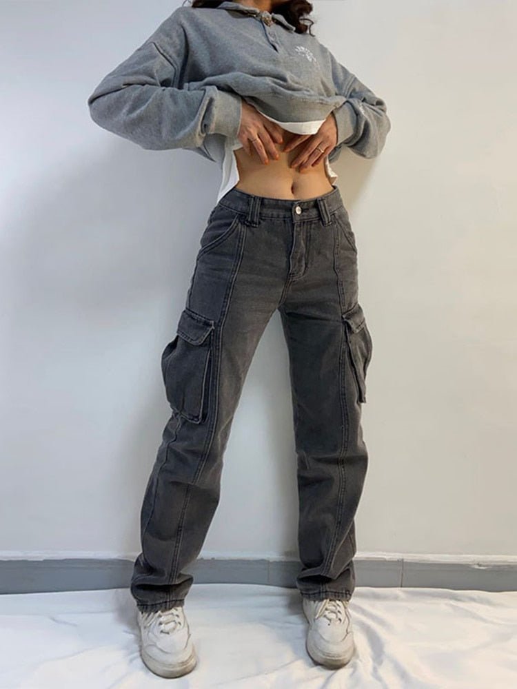 best WeiYao Women Cargo Trousers Straight Cargo Jeans Pants High Waist Vintage Pantalon Streetwear Femme Mujer Multi Pocket 2022 0 shop online at M2K Trends for