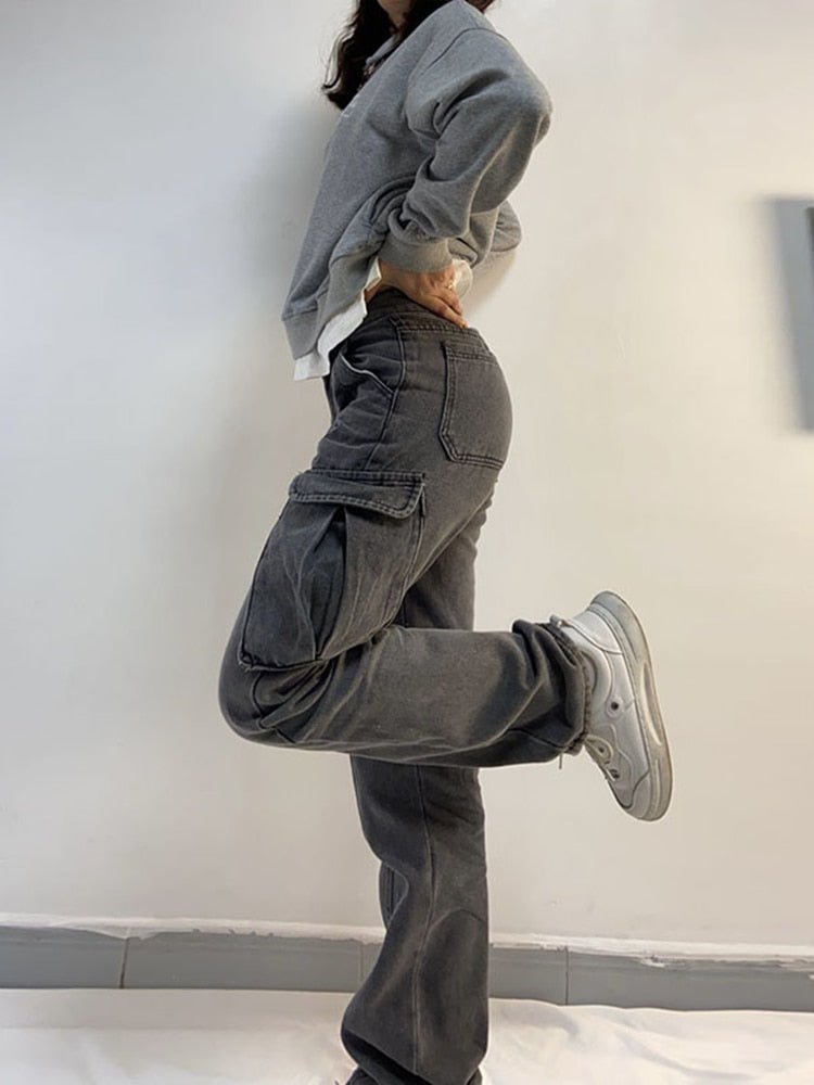 best WeiYao Women Cargo Trousers Straight Cargo Jeans Pants High Waist Vintage Pantalon Streetwear Femme Mujer Multi Pocket 2022 0 shop online at M2K Trends for