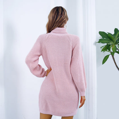 best Winter 2024 Turtleneck Long Sweater Dress With Button Design Leisure Clinch Long Sleeve Base Sweater Women dress shop online at M2K Trends for Dress