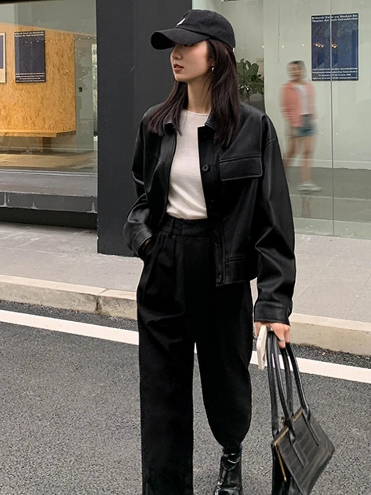 best Winter Black Cropped Leather Jacket Women 2022 Autumn Korean High Street Biker Jacket Female Vintage Outerwear Thin PU Chic Tops shop online at M2K Trends for Jackets & Coats