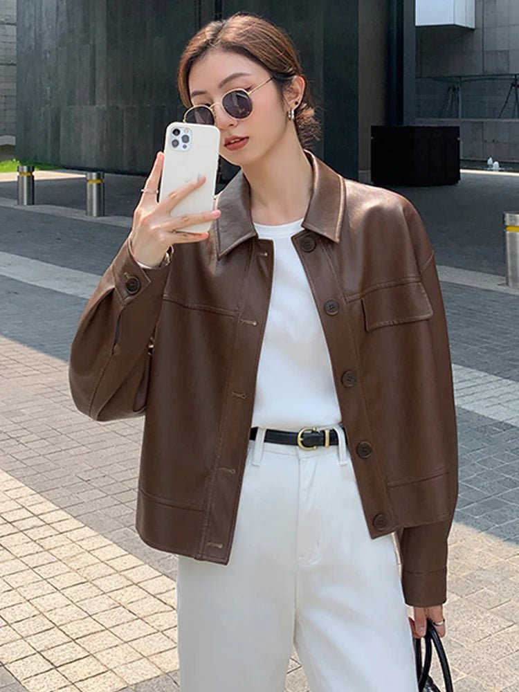 best Winter Black Cropped Leather Jacket Women 2022 Autumn Korean High Street Biker Jacket Female Vintage Outerwear Thin PU Chic Tops shop online at M2K Trends for Jackets & Coats