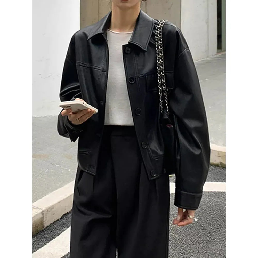 best Winter Black Cropped Leather Jacket Women 2022 Autumn Korean High Street Biker Jacket Female Vintage Outerwear Thin PU Chic Tops shop online at M2K Trends for Jackets & Coats