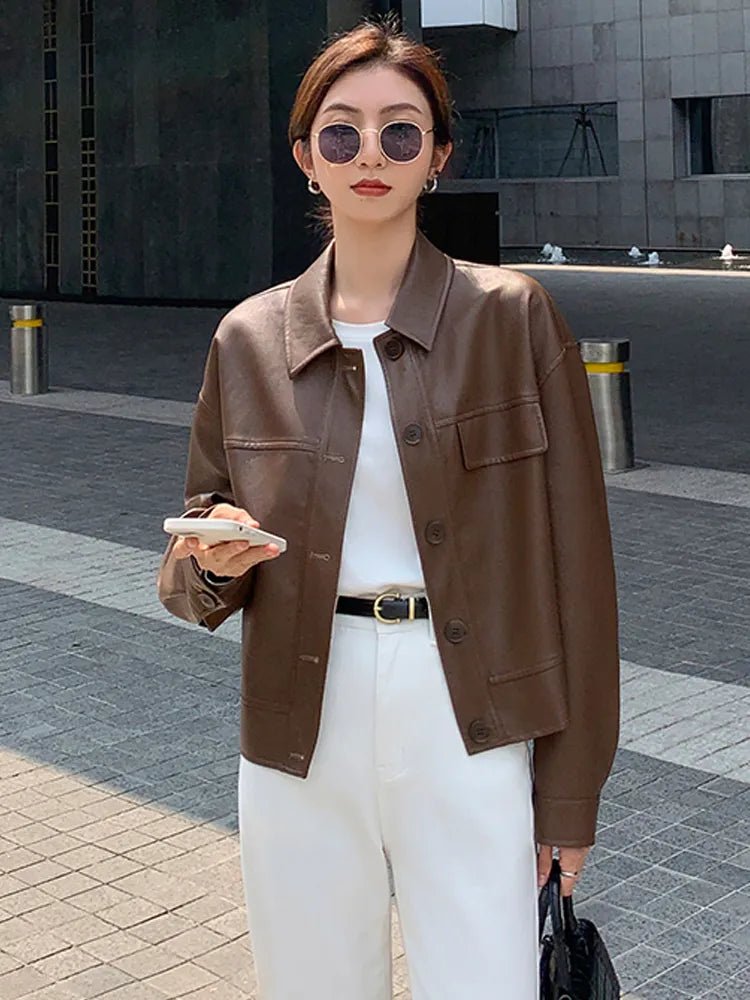 best Winter Black Cropped Leather Jacket Women 2022 Autumn Korean High Street Biker Jacket Female Vintage Outerwear Thin PU Chic Tops shop online at M2K Trends for Jackets & Coats