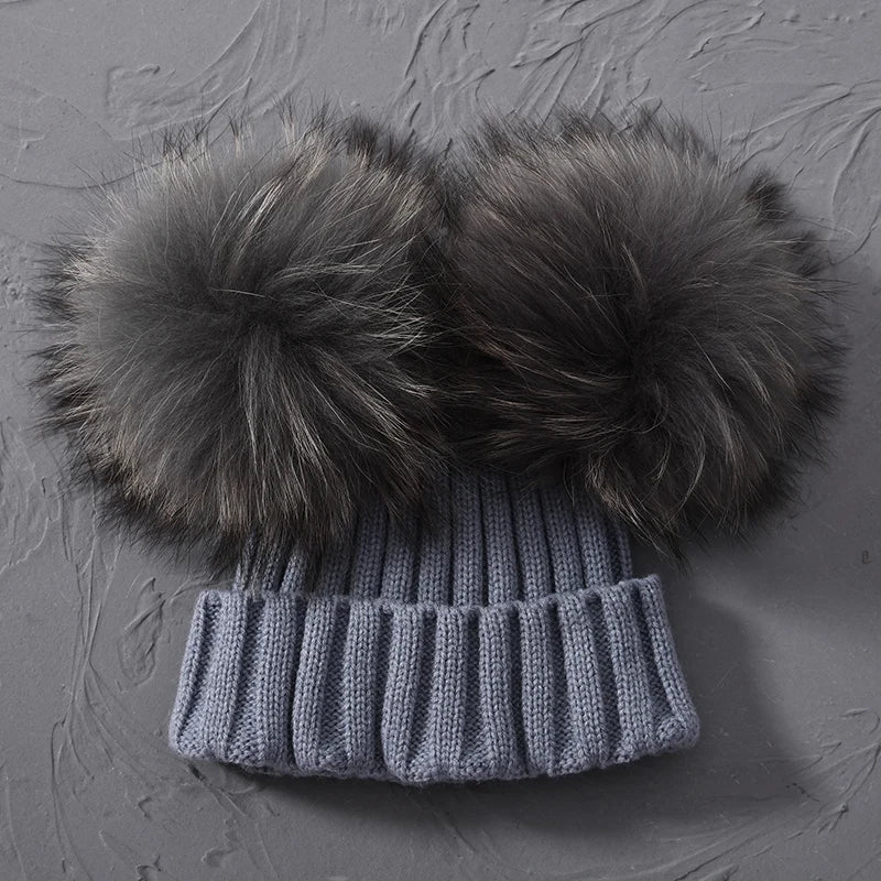 best Winter Real Fur Ball Beanie Hat for Women Ladies Fluffy Double Natural Raccoon Fur Pom Pom Skullies Beanie Hat With 2 Fur Pompom shop online at M2K Trends for