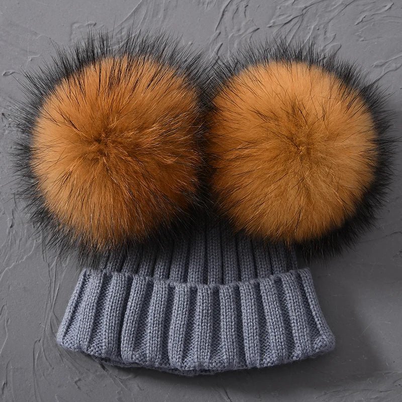 best Winter Real Fur Ball Beanie Hat for Women Ladies Fluffy Double Natural Raccoon Fur Pom Pom Skullies Beanie Hat With 2 Fur Pompom shop online at M2K Trends for