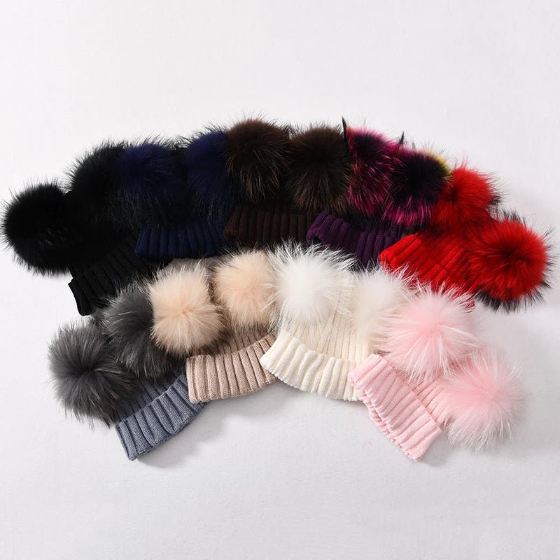 best Winter Real Fur Ball Beanie Hat for Women Ladies Fluffy Double Natural Raccoon Fur Pom Pom Skullies Beanie Hat With 2 Fur Pompom shop online at M2K Trends for