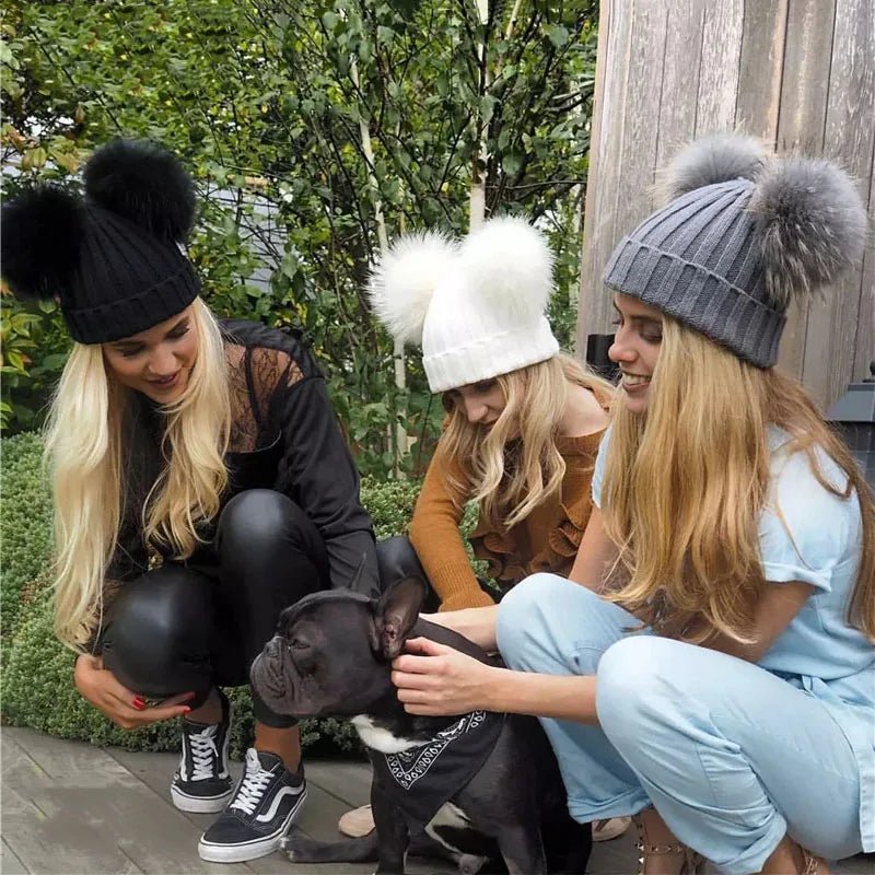 best Winter Real Fur Ball Beanie Hat for Women Ladies Fluffy Double Natural Raccoon Fur Pom Pom Skullies Beanie Hat With 2 Fur Pompom shop online at M2K Trends for