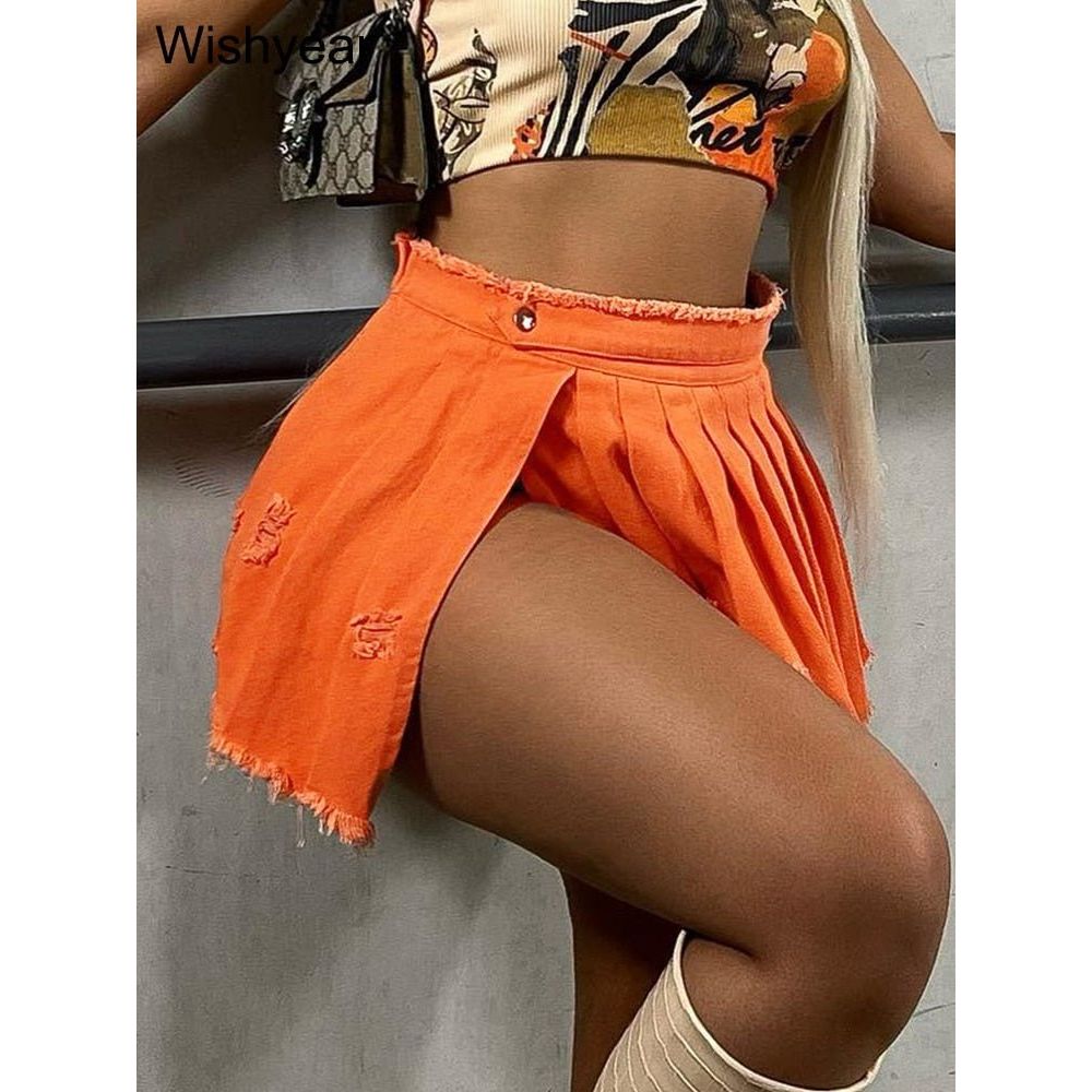 best Wishyear Summer Side Slit Pleated Denim Mini Skirt for Women Tassel Ripped A Line Split Jean Short Dress Night Club Rave Outfits 0 shop online at M2K Trends for