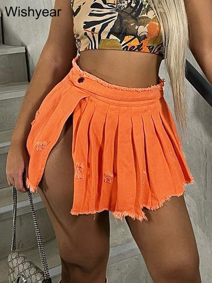 best Wishyear Summer Side Slit Pleated Denim Mini Skirt for Women Tassel Ripped A Line Split Jean Short Dress Night Club Rave Outfits 0 shop online at M2K Trends for