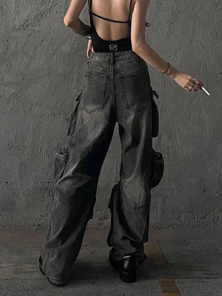 best Women Baggy Y2K Goth Cyber Punk Denim Pants Cargo Pants Mom Jeans Grunge Dark Academia Harajuku Fashion Stacked Jeans Hip-pop shop online at M2K Trends for