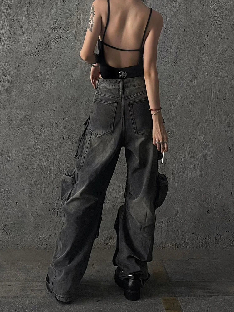 best Women Baggy Y2K Goth Cyber Punk Denim Pants Cargo Pants Mom Jeans Grunge Dark Academia Harajuku Fashion Stacked Jeans Hip-pop shop online at M2K Trends for