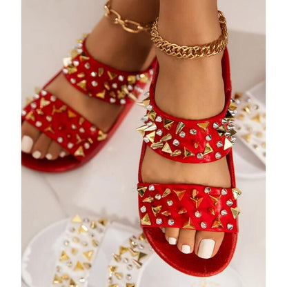 best Women Black Giant Studded Sandals Gold Studs Slides Sliver Beach Shoes White Slippers Vacation Flats Mules Large Size Wholesale slippers shop online at M2K Trends for