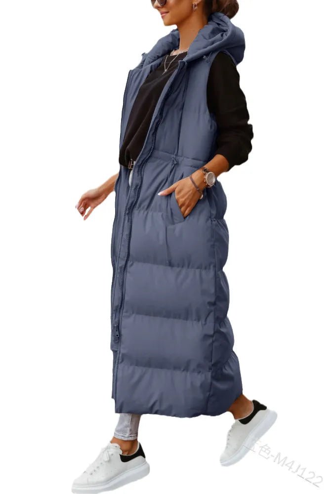 best Women Coat Solid Color Hooded Long Cotton-padded Jacket Waist Waistcoat Casual Fashion Single-breasted Sleeveless Warm Autumn shop online at M2K Trends for