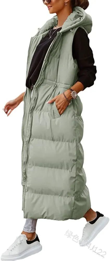 best Women Coat Solid Color Hooded Long Cotton-padded Jacket Waist Waistcoat Casual Fashion Single-breasted Sleeveless Warm Autumn shop online at M2K Trends for