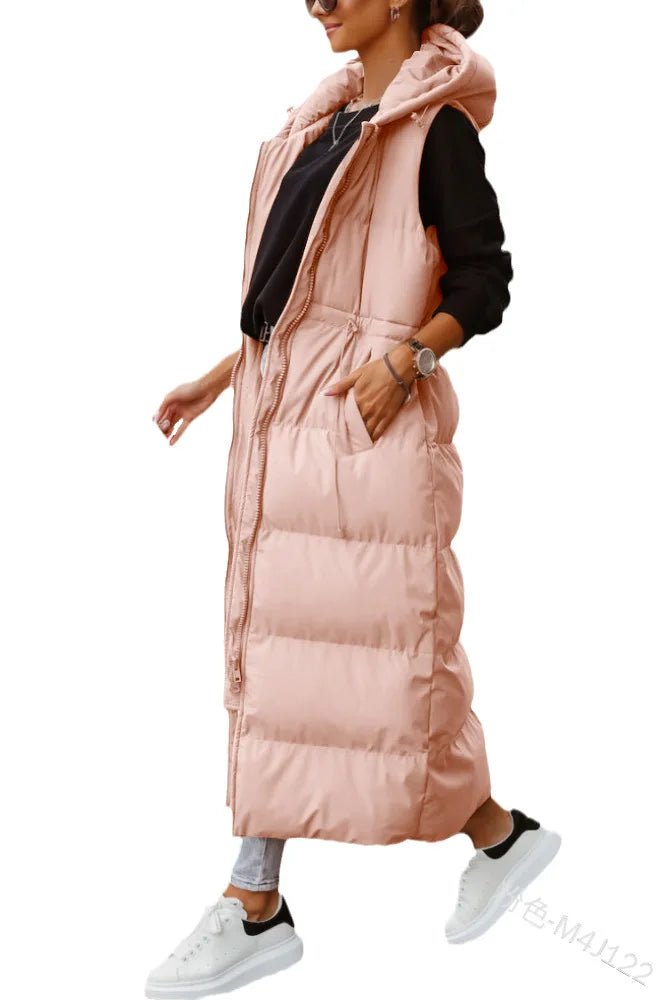 best Women Coat Solid Color Hooded Long Cotton-padded Jacket Waist Waistcoat Casual Fashion Single-breasted Sleeveless Warm Autumn Women Coat Solid Color Hooded Long Cotton-padded Jacket shop online at M2K Trends for Women Coat Solid Color Hooded Long Cotton-padded Jacket