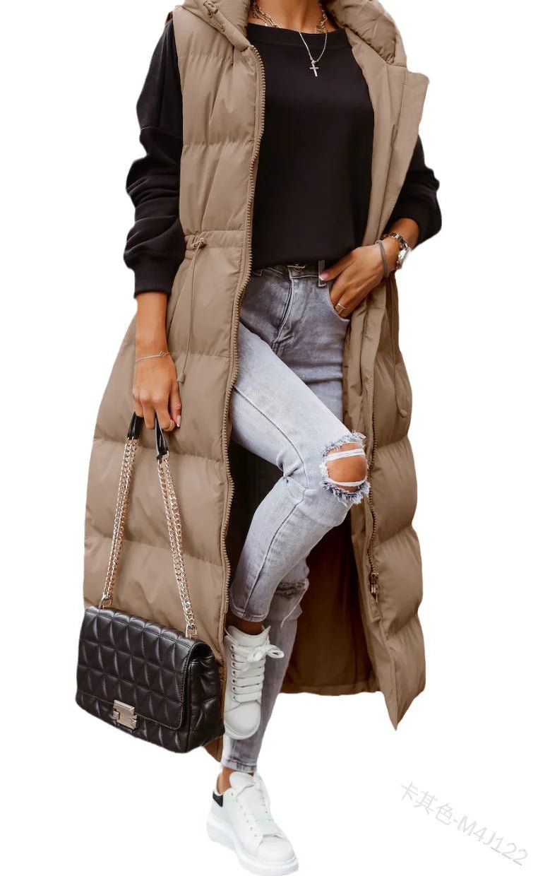 best Women Coat Solid Color Hooded Long Cotton-padded Jacket Waist Waistcoat Casual Fashion Single-breasted Sleeveless Warm Autumn Women Coat Solid Color Hooded Long Cotton-padded Jacket shop online at M2K Trends for Women Coat Solid Color Hooded Long Cotton-padded Jacket