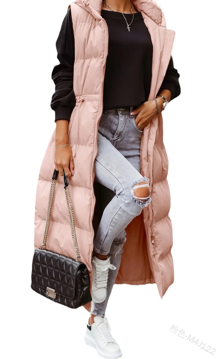best Women Coat Solid Color Hooded Long Cotton-padded Jacket Waist Waistcoat Casual Fashion Single-breasted Sleeveless Warm Autumn Women Coat Solid Color Hooded Long Cotton-padded Jacket shop online at M2K Trends for Women Coat Solid Color Hooded Long Cotton-padded Jacket