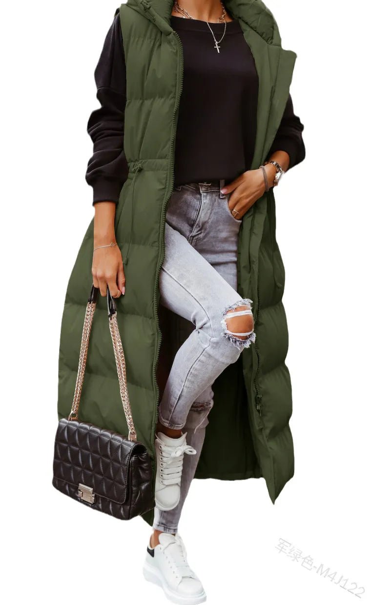best Women Coat Solid Color Hooded Long Cotton-padded Jacket Waist Waistcoat Casual Fashion Single-breasted Sleeveless Warm Autumn Women Coat Solid Color Hooded Long Cotton-padded Jacket shop online at M2K Trends for Women Coat Solid Color Hooded Long Cotton-padded Jacket
