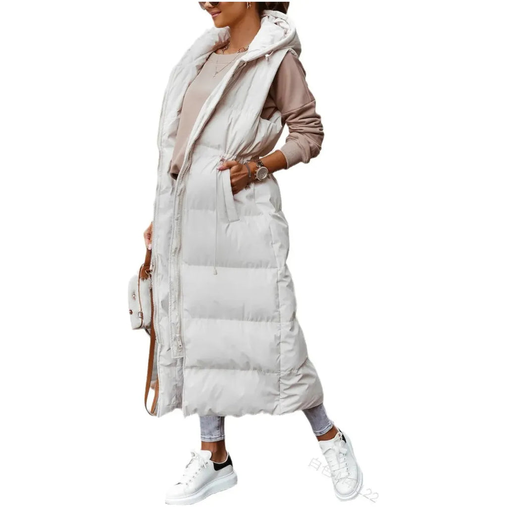 best Women Coat Solid Color Hooded Long Cotton-padded Jacket Waist Waistcoat Casual Fashion Single-breasted Sleeveless Warm Autumn shop online at M2K Trends for
