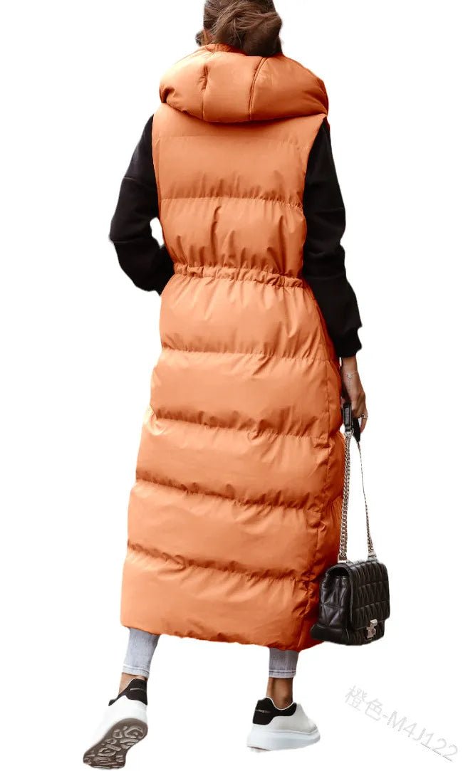 best Women Coat Solid Color Hooded Long Cotton-padded Jacket Waist Waistcoat Casual Fashion Single-breasted Sleeveless Warm Autumn shop online at M2K Trends for