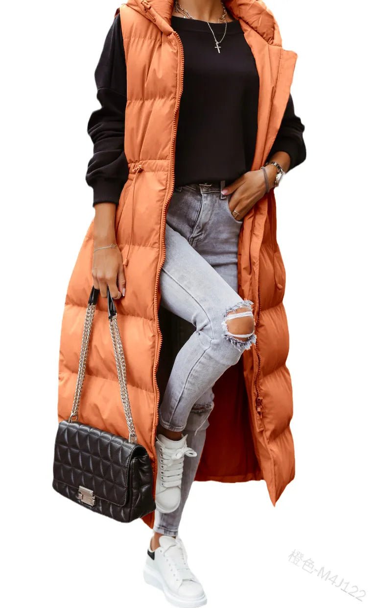 best Women Coat Solid Color Hooded Long Cotton-padded Jacket Waist Waistcoat Casual Fashion Single-breasted Sleeveless Warm Autumn shop online at M2K Trends for