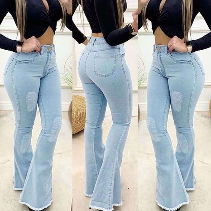 Shop trendy high waist ripped denim jeans for women. Stretchy, baggy, elegant wide-leg flare pants perfect for casual or streetwear fashion in USA & Canada.

