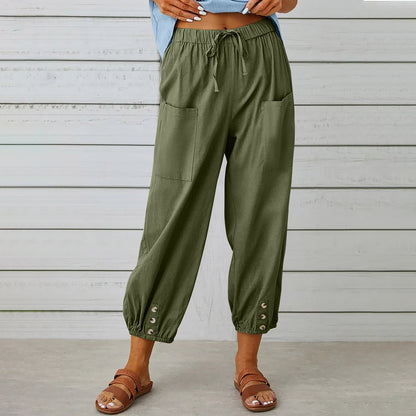 best Women Drawstring Tie Pants Spring Summer Cotton And Linen Trousers With Pockets Button 4 shop online at M2K Trends for