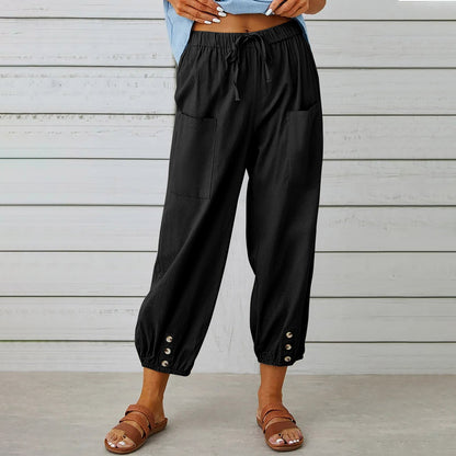 best Women Drawstring Tie Pants Spring Summer Cotton And Linen Trousers With Pockets Button 4 shop online at M2K Trends for