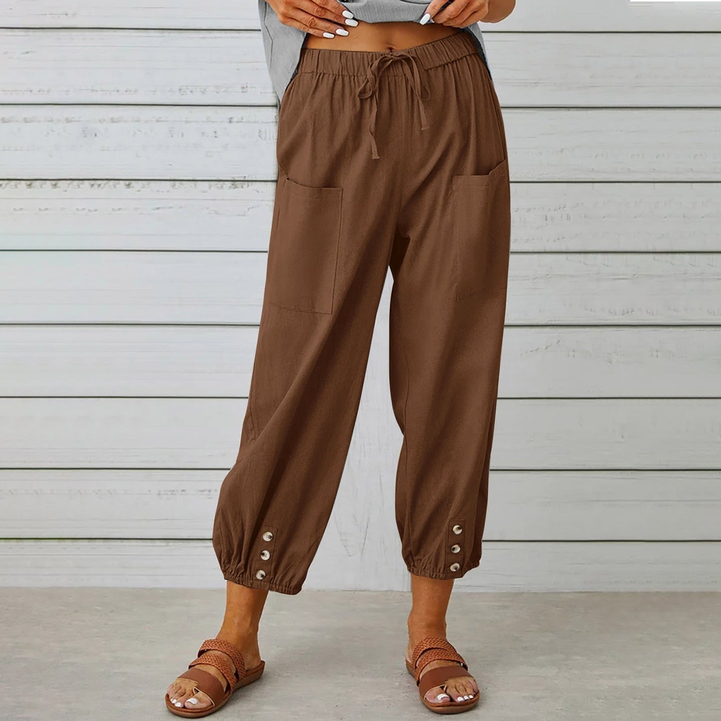 best Women Drawstring Tie Pants Spring Summer Cotton And Linen Trousers With Pockets Button 4 shop online at M2K Trends for