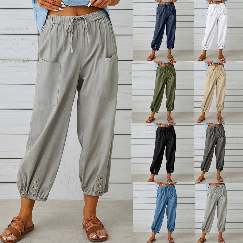 best Women Drawstring Tie Pants Spring Summer Cotton And Linen Trousers With Pockets Button 4 shop online at M2K Trends for