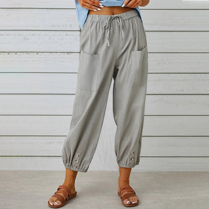 best Women Drawstring Tie Pants Spring Summer Cotton And Linen Trousers With Pockets Button 4 shop online at M2K Trends for