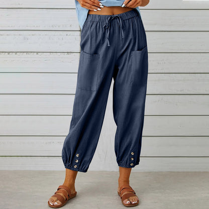 best Women Drawstring Tie Pants Spring Summer Cotton And Linen Trousers With Pockets Button 4 shop online at M2K Trends for