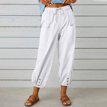 best Women Drawstring Tie Pants Spring Summer Cotton And Linen Trousers With Pockets Button 4 shop online at M2K Trends for