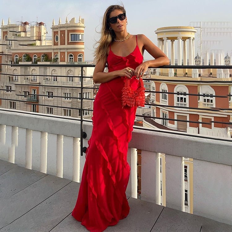 best Women Elegant Deep V Neck Maxi Dress Sexy Ruffles Backless Party Club Dresses 2023 Fashion Ladies Beach Split Sundress Vestidos 0 shop online at M2K Trends for