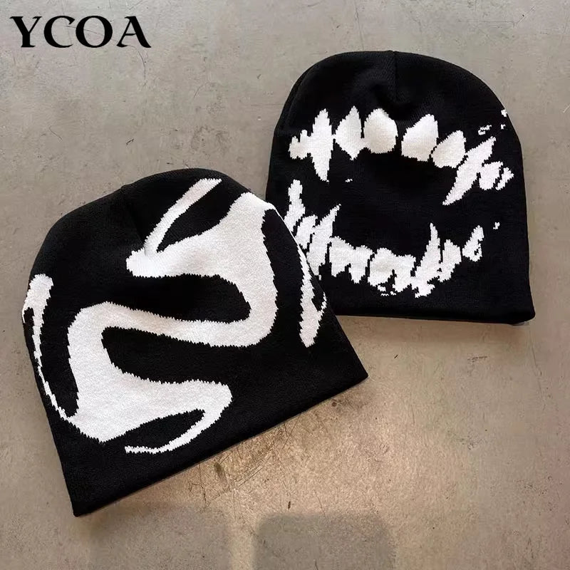 best Women Hat Knitting Beanies Goth Tooth Caps Men Y2k Streetwear Winter Fashion Pullover Kpop Harajuku Vintage Warm Hip Hop Unisex shop online at M2K Trends for