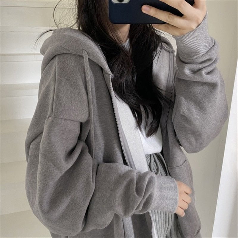 best Women Hoodies 2023 Autumn Retro Solid Color Zip Up Oversized Sweatshirts Harajuku Korean Version Long Sleeve Hooded Jackets Coat 0 shop online at M2K Trends for