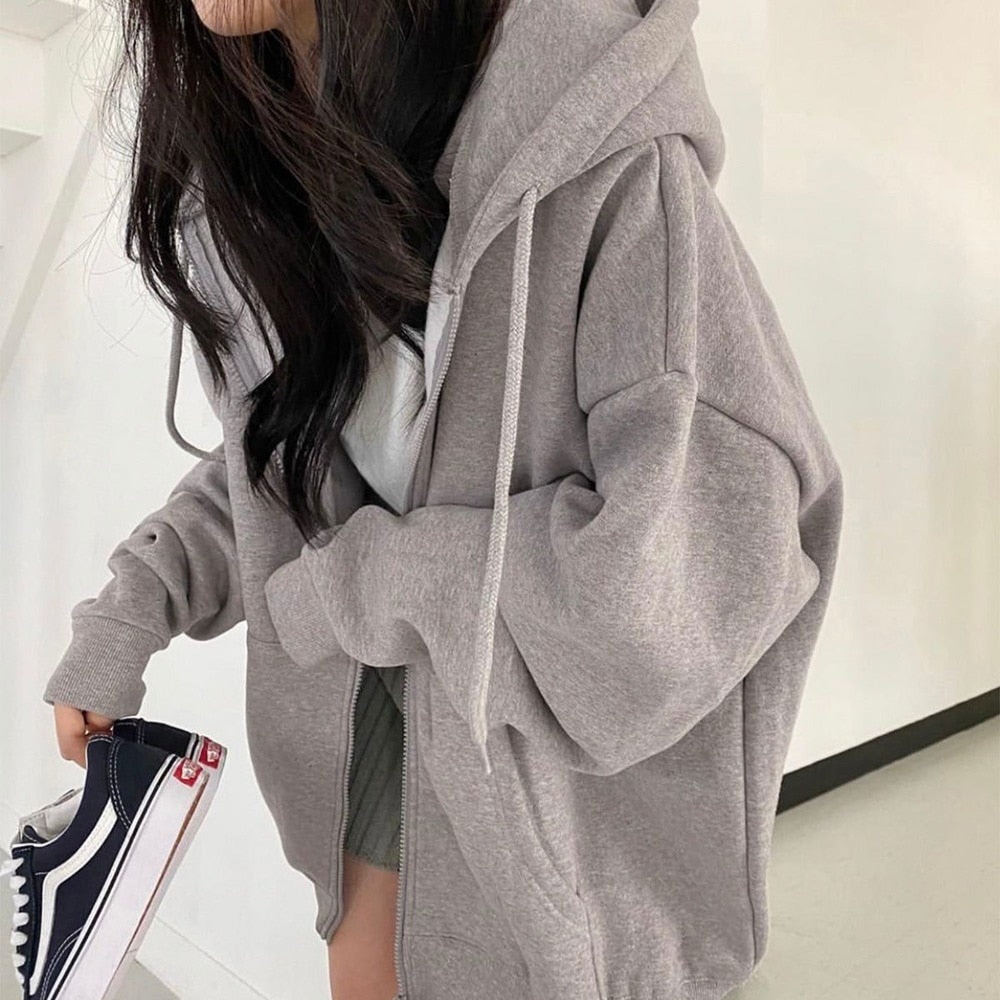 best Women Hoodies Harajuku Korean Version Loose Oversized Sweatshirts Vintage Solid Color Long Sleeve Hooded Sweatshirt Zipper Coats 0 shop online at M2K Trends for
