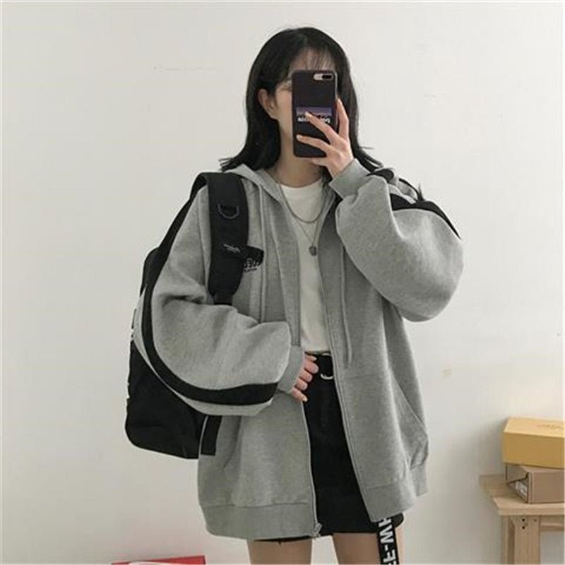 best Women Hoodies Solid Color Zip Up Pocket Oversized Harajuku Korean Sweatshirts Female Long Sleeve Hooded Streetwear Casual Top 0 shop online at M2K Trends for