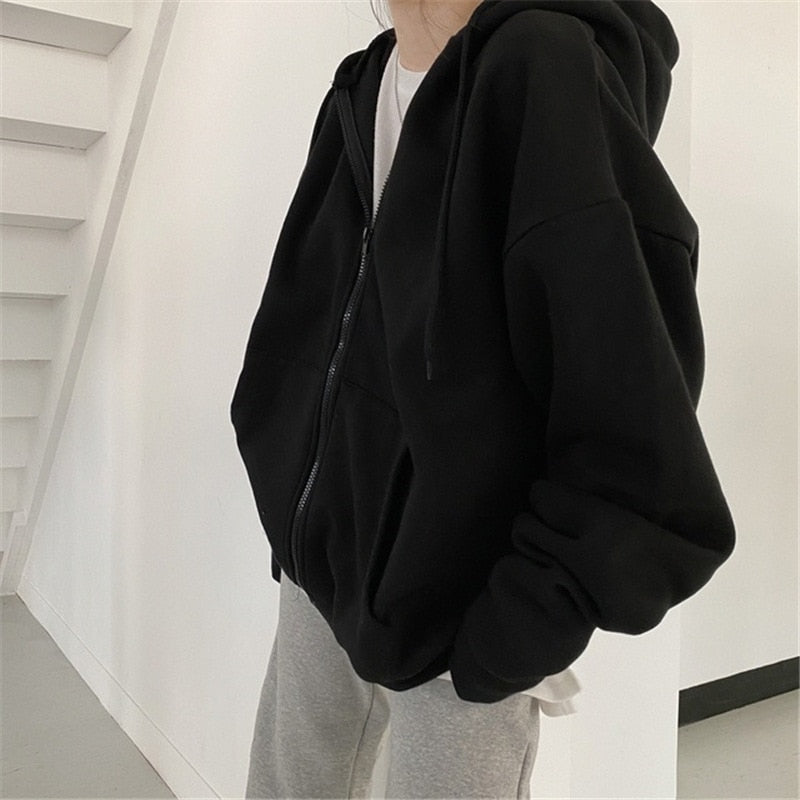 best Women Hoodies Solid Color Zip Up Pocket Oversized Harajuku Korean Sweatshirts Female Long Sleeve Hooded Streetwear Casual Top 0 shop online at M2K Trends for