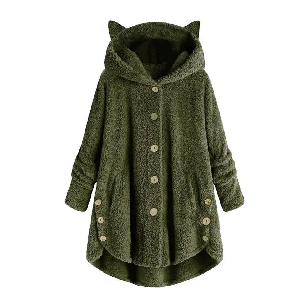 best Women Irregular Hem Winter Hooded Cute Cute Cats Ears Buttons Jacket Fleece Coat shop online at M2K Trends for